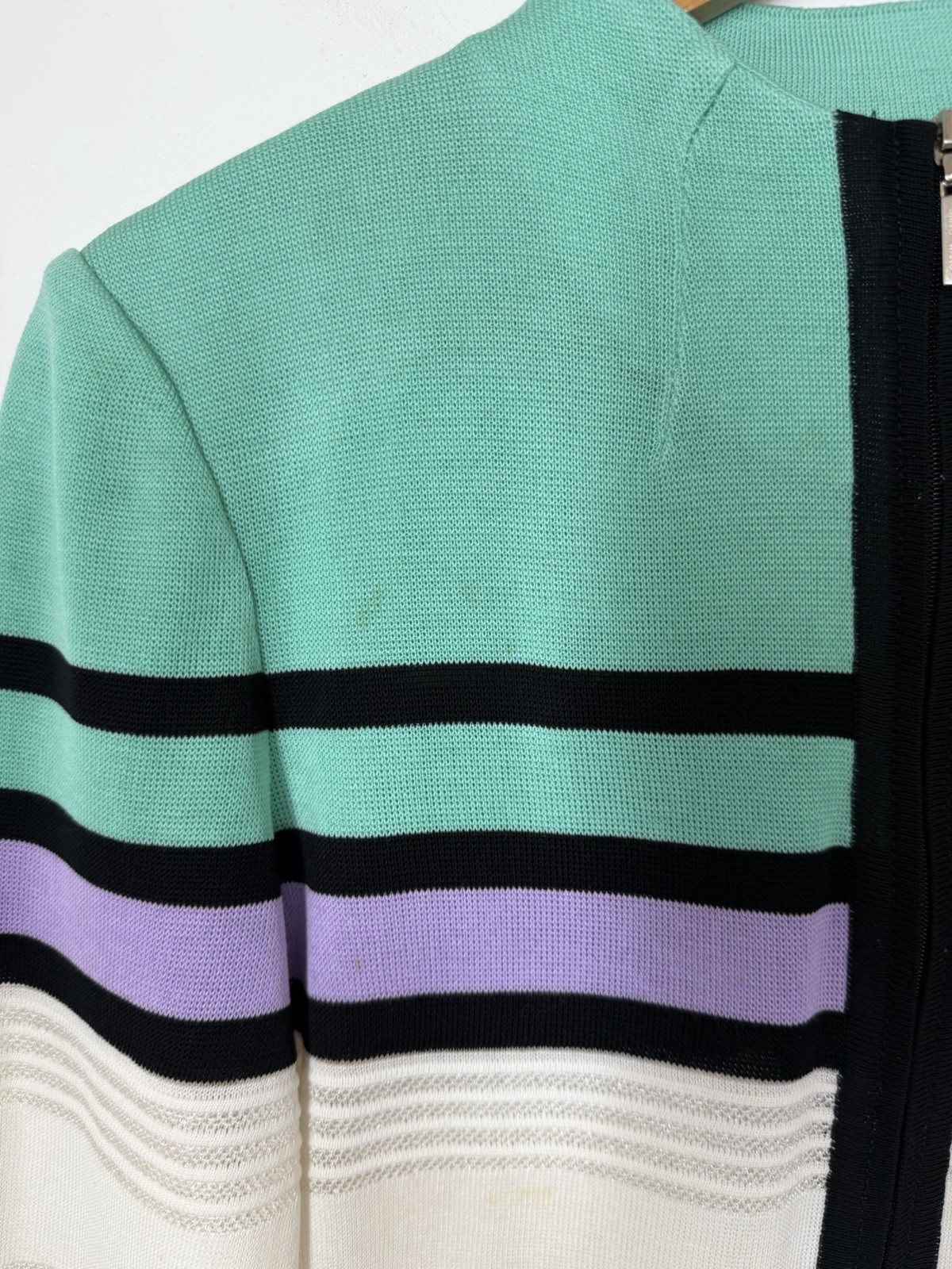 Ming Wang Cardigan Jacket Size Medium Stripe White Black Purple Green 3/4 Sleeve