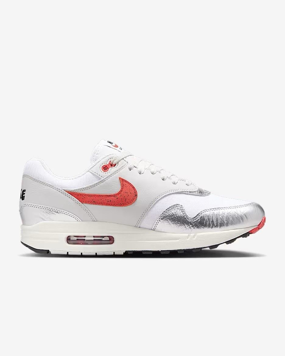 Men Nike Air Max 1 Premium Athletic Shoes White/Metallic Silver/Red HF7746-100