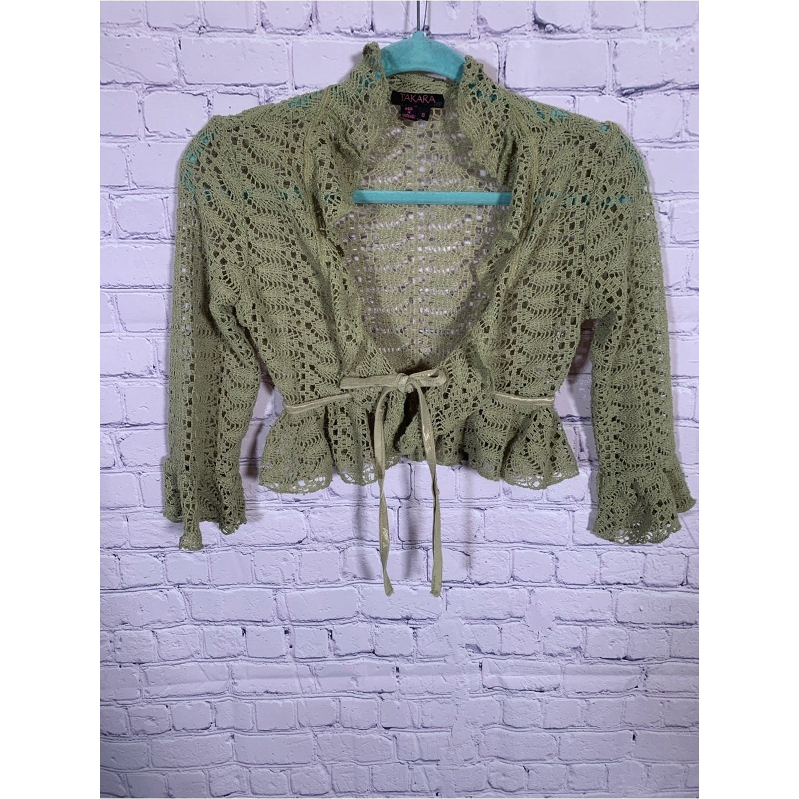 Takara Womens Croped Crochet Ruffle Sweater Green Size S Forest Fairy Festival