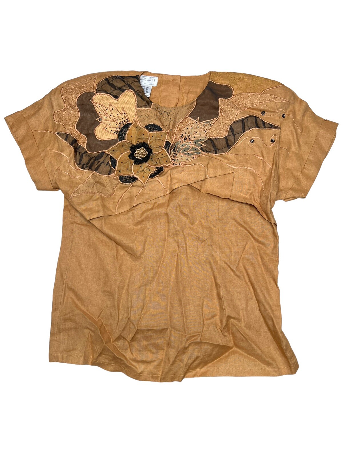 Vtg NOS Anne French Artsy Art to Wear Embellished 100% Ramie Blouse SZ 10 Wheat