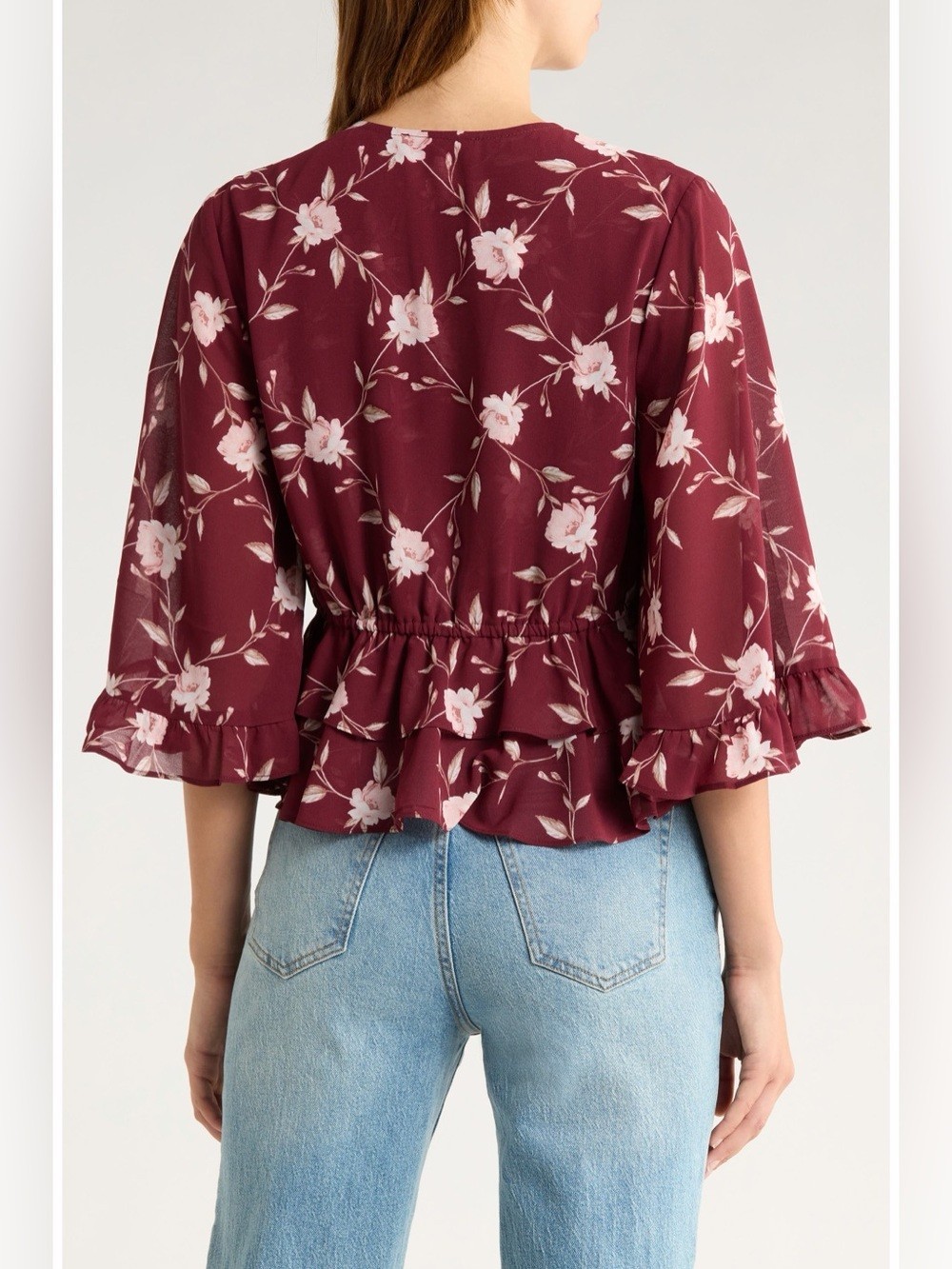 WAYF Free Spirit Floral Ruffle Top XS Burgundy Boho Romantic