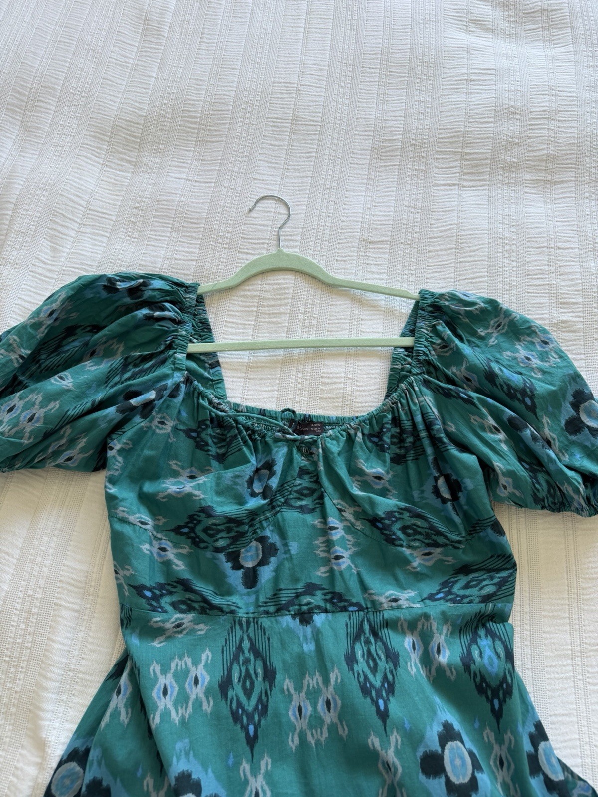 Marks & Spencer Teal Blue Green Puff Sleeve Midi Dress Size 14 Cotton Tiered