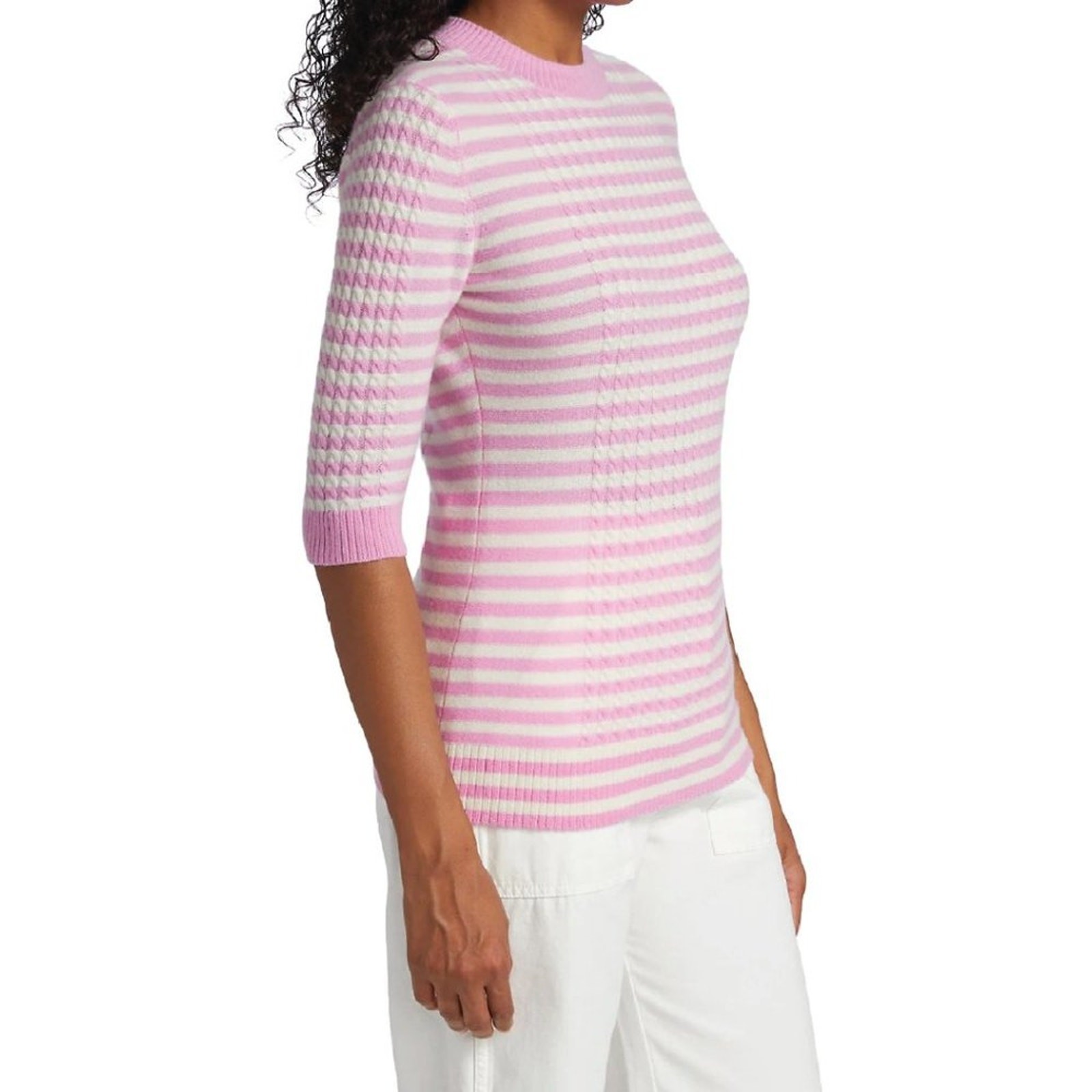 Ganni – Pink Striped Cashmere Merino Wool Cable Top Sweater – Size Large