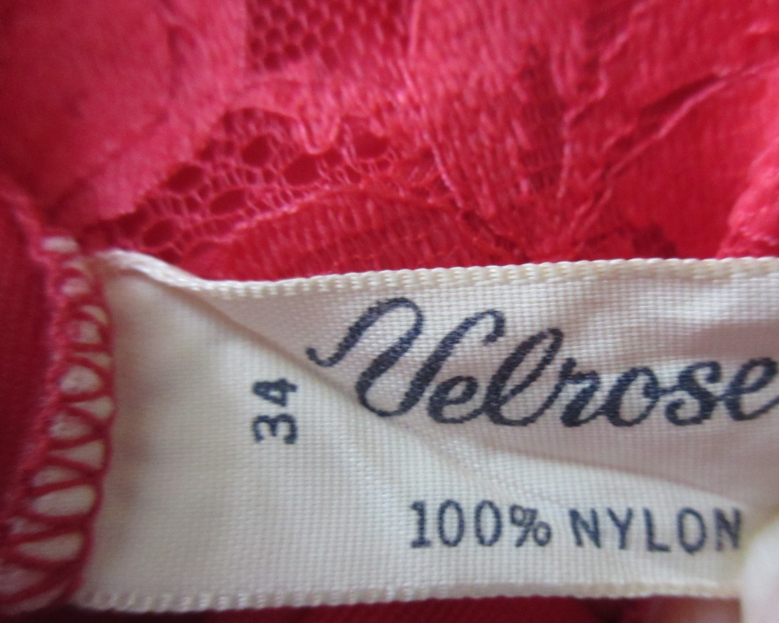50s VASSARETTE ROSE RED NYLON LACE BUST full slip nightgown dress size 34 USA