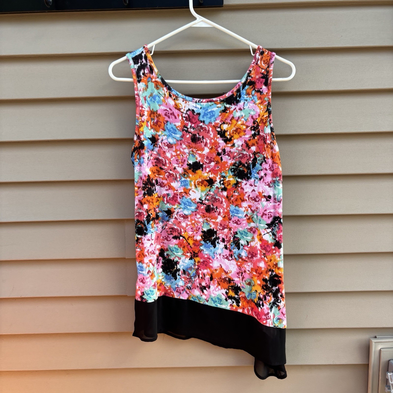 August Silk Floral Tank Top Asymmetric Sheer Chiffon Hem Sleeveless Blouse M