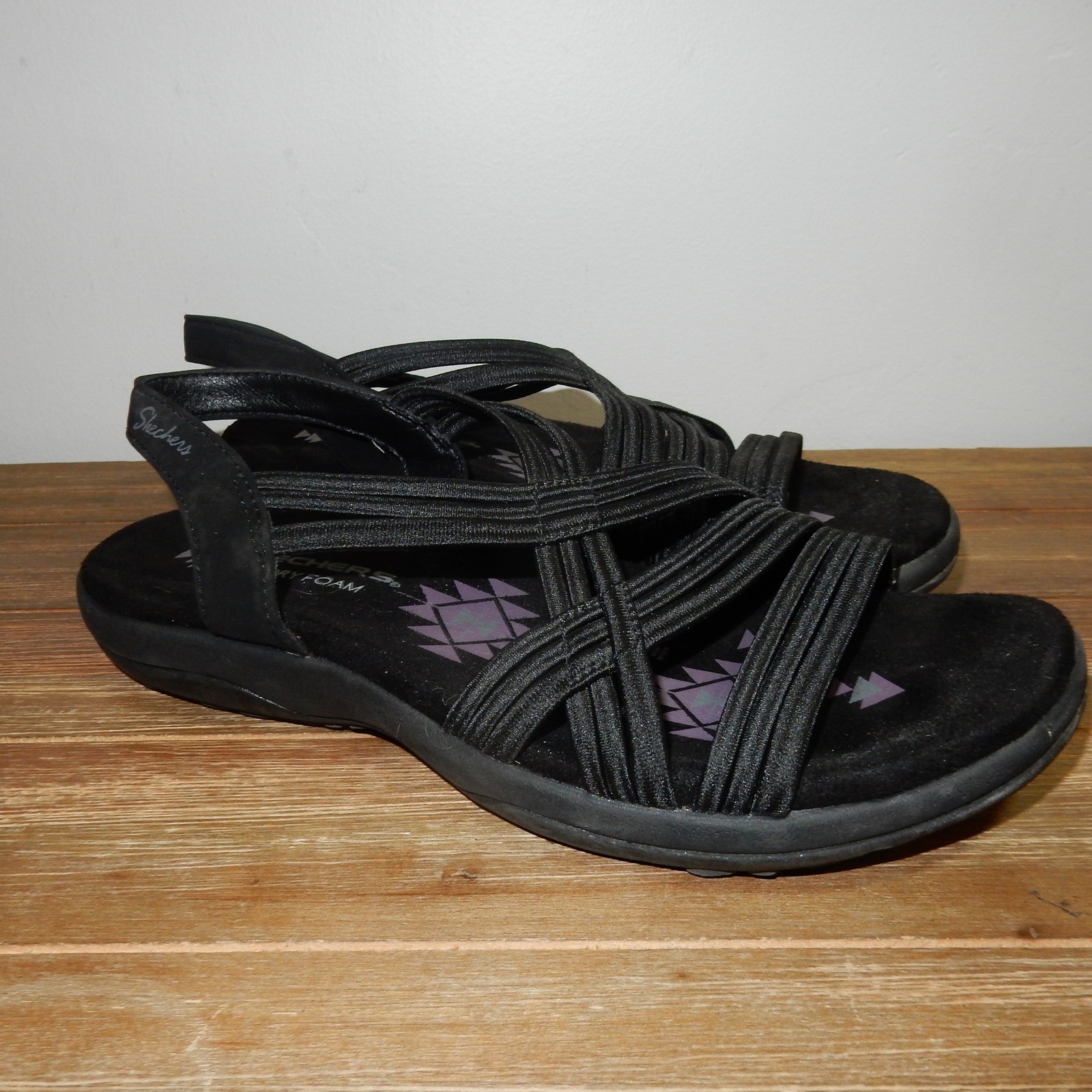 Skechers Reggae Slim Vacay Black Strappy Memory Foam Sandals Womens 8