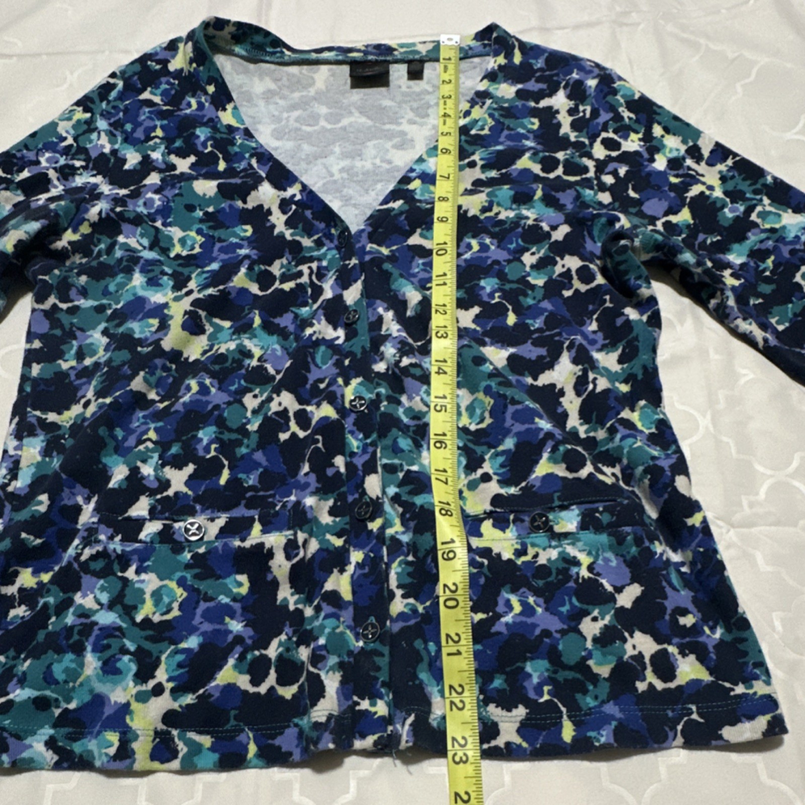 Rafaella Blue Floral Cotton Button-Up Blouse 3/4 Sleeve V-Neck Women Size M