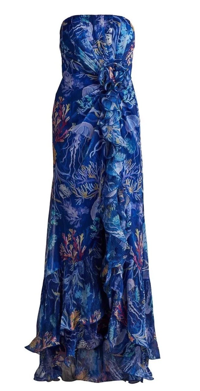 Tadashi Shoji Size 6 Morwenna Gown Strapless Oceanic Print Maxi Long Dress $618