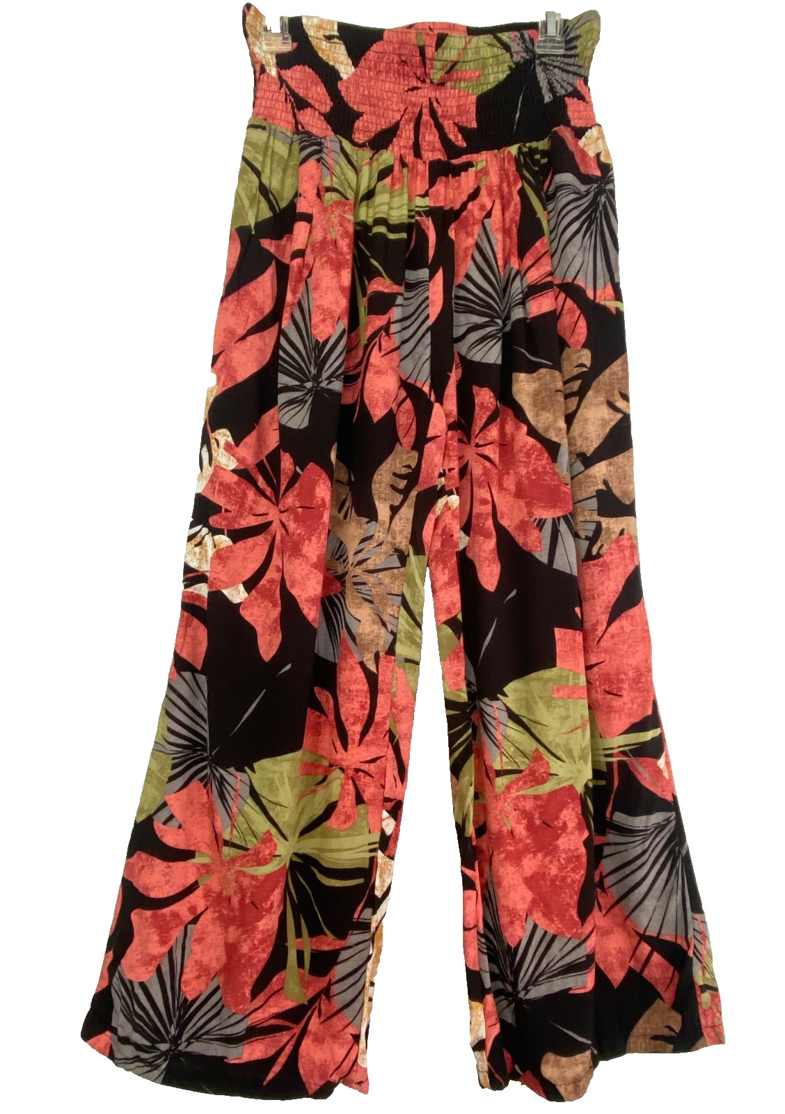 Tropical wide leg pants L XL black coral orange smocking stretch waist lounge