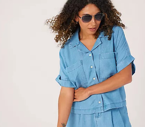 Dannii Minogue Shirt Short Sleeve Tencel Revere Blue New Size 10 Petite