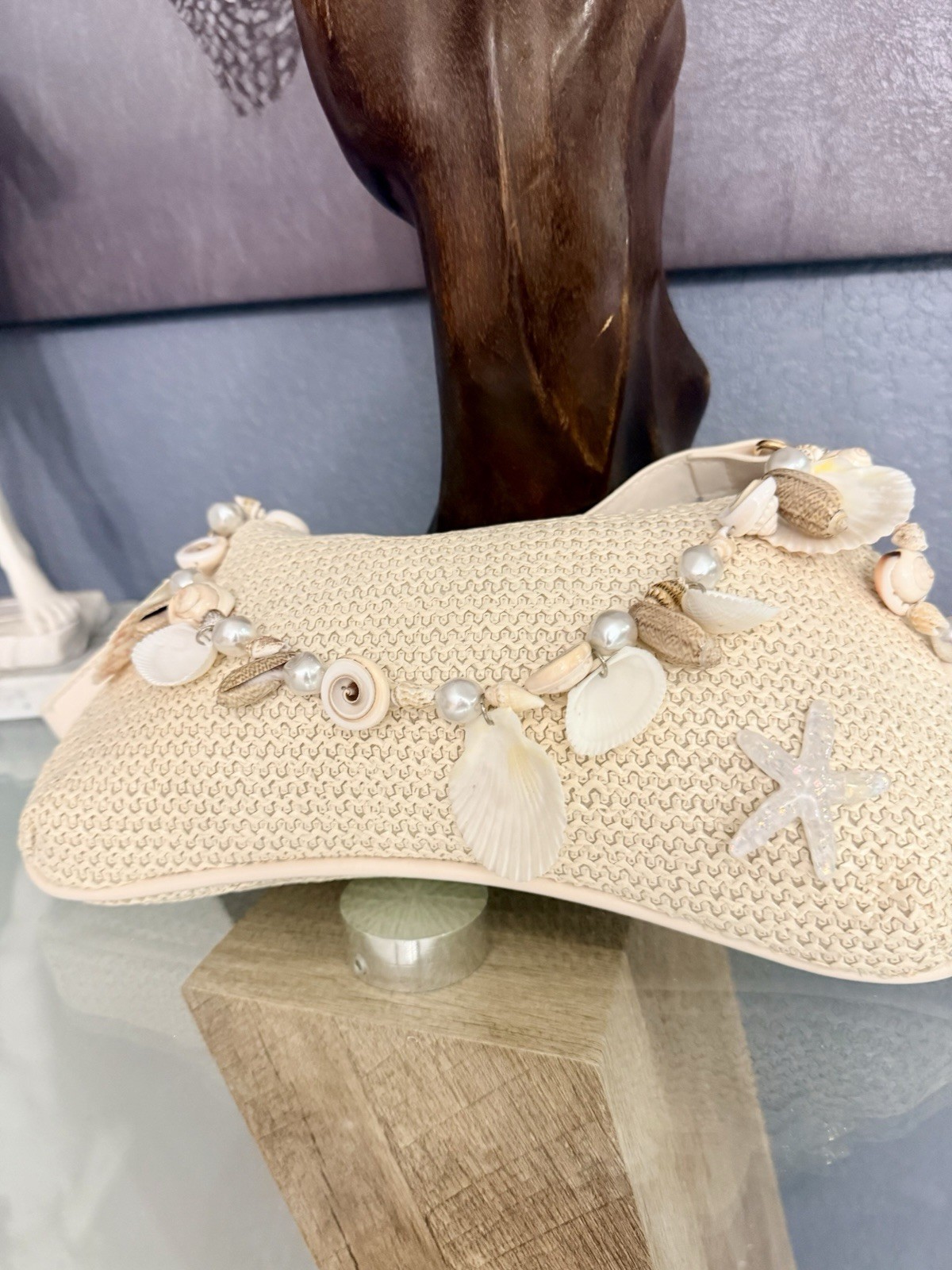 Woven Straw Inspired Crescent Shoulder Bag with Shell Pearl Starfish Accents
