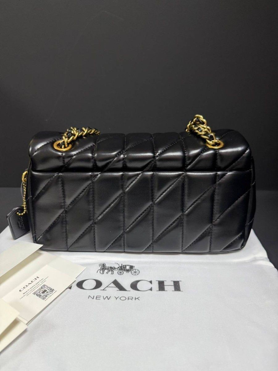 COACH CP150 Tabby Bag Leather with Chain Strap, Black, Zip Inner Snap Pockets