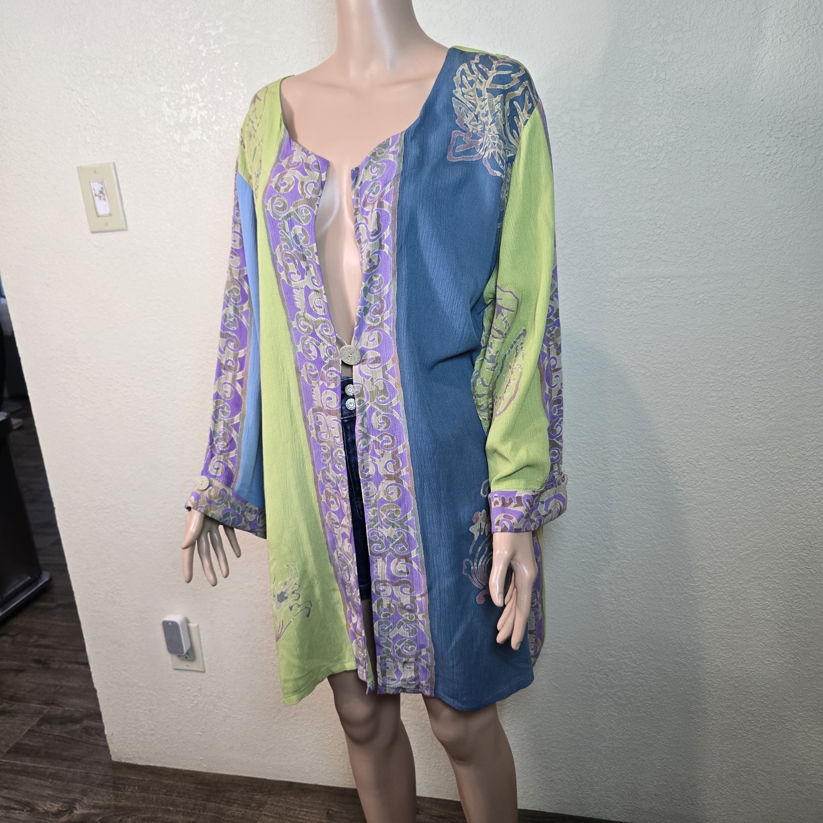 Soft Surroundings 100% Rayon Teal Green Purple Button Blouse Overlay Tunic 2x