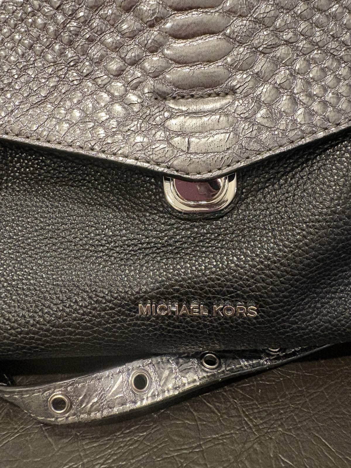 Michael Kors Black Satchel w Snake Print Flap, Silver Hardware & wallet