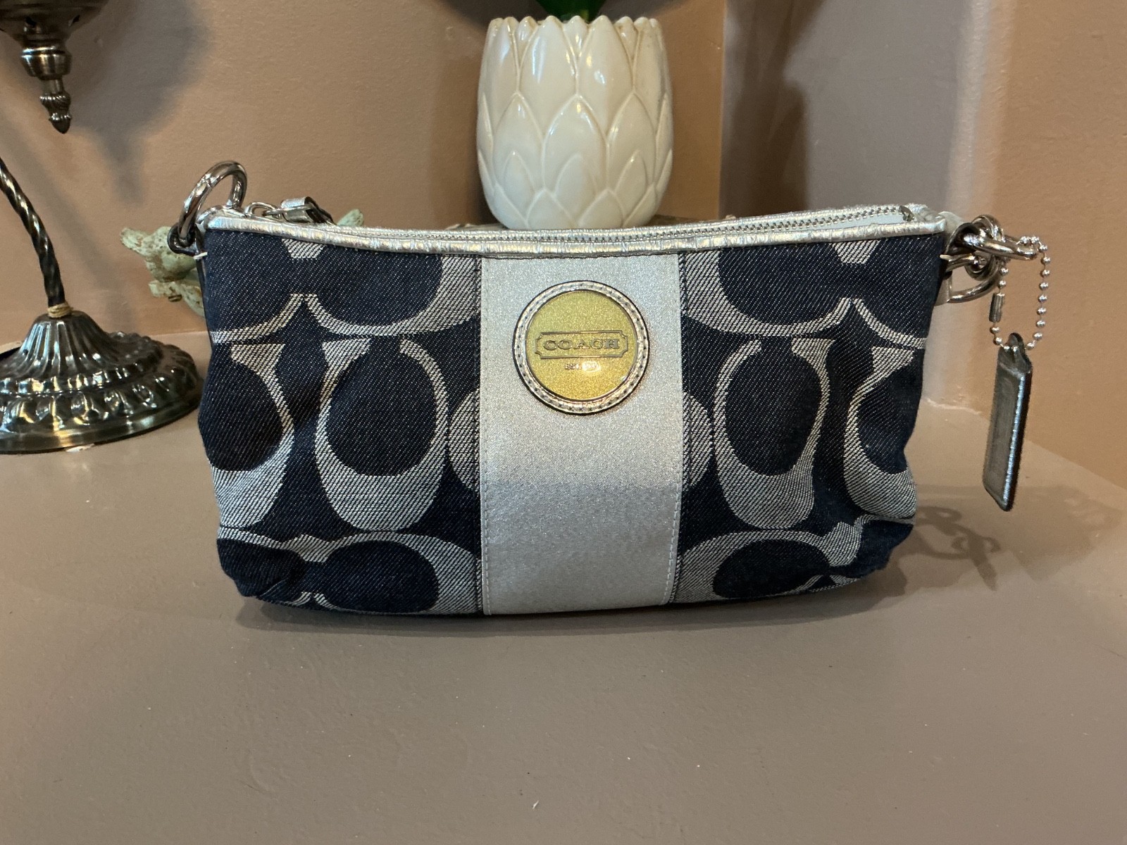 Coach Blue/Grey Signature Stripe Canvas Shoulder Crossbody Bag