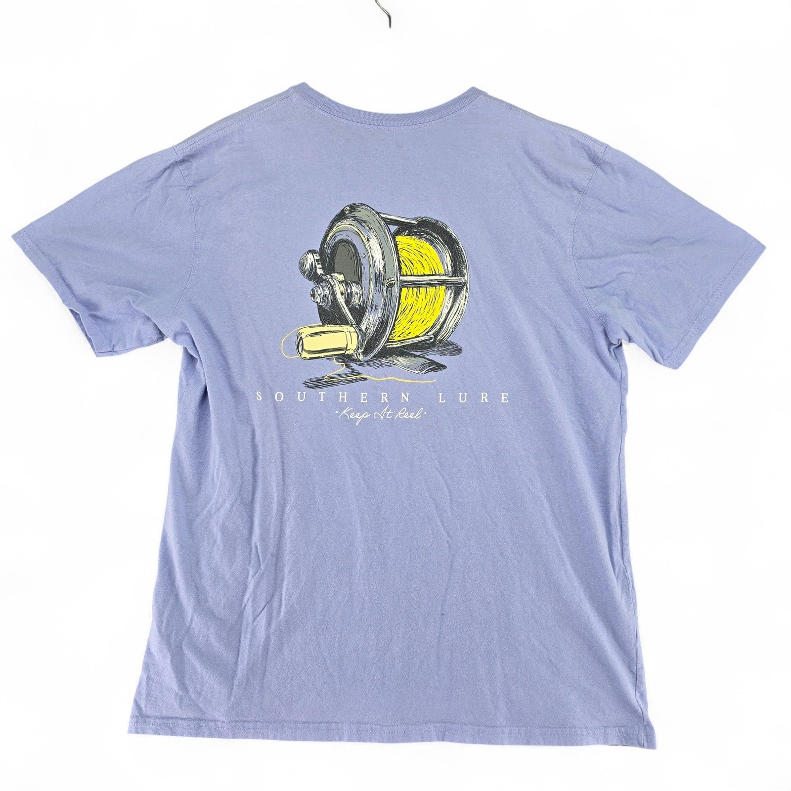 Southern Lure Mens XL Fishing Reel Graphic Pocket T Shirt Purple Cotton