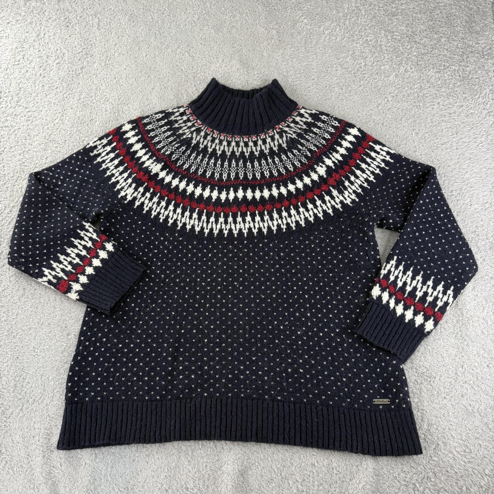 Eddie Bauer Sweater Womens Large Blue Wool Blend Mohair Fair Isle Nordic Knit
