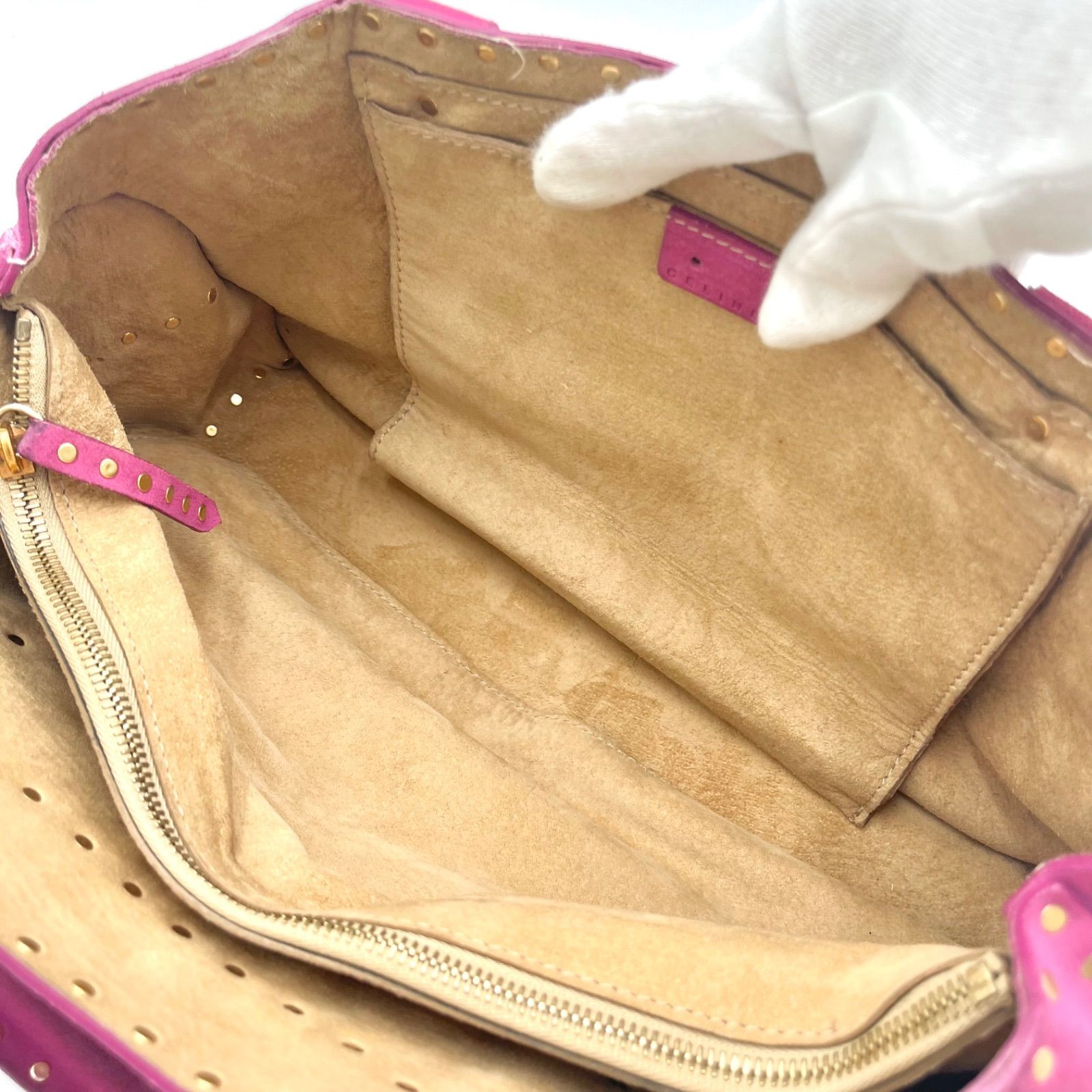 Auth Celine Boogie Bag Y2K Studded Suede Leather Handbag, Pink 2Y10216