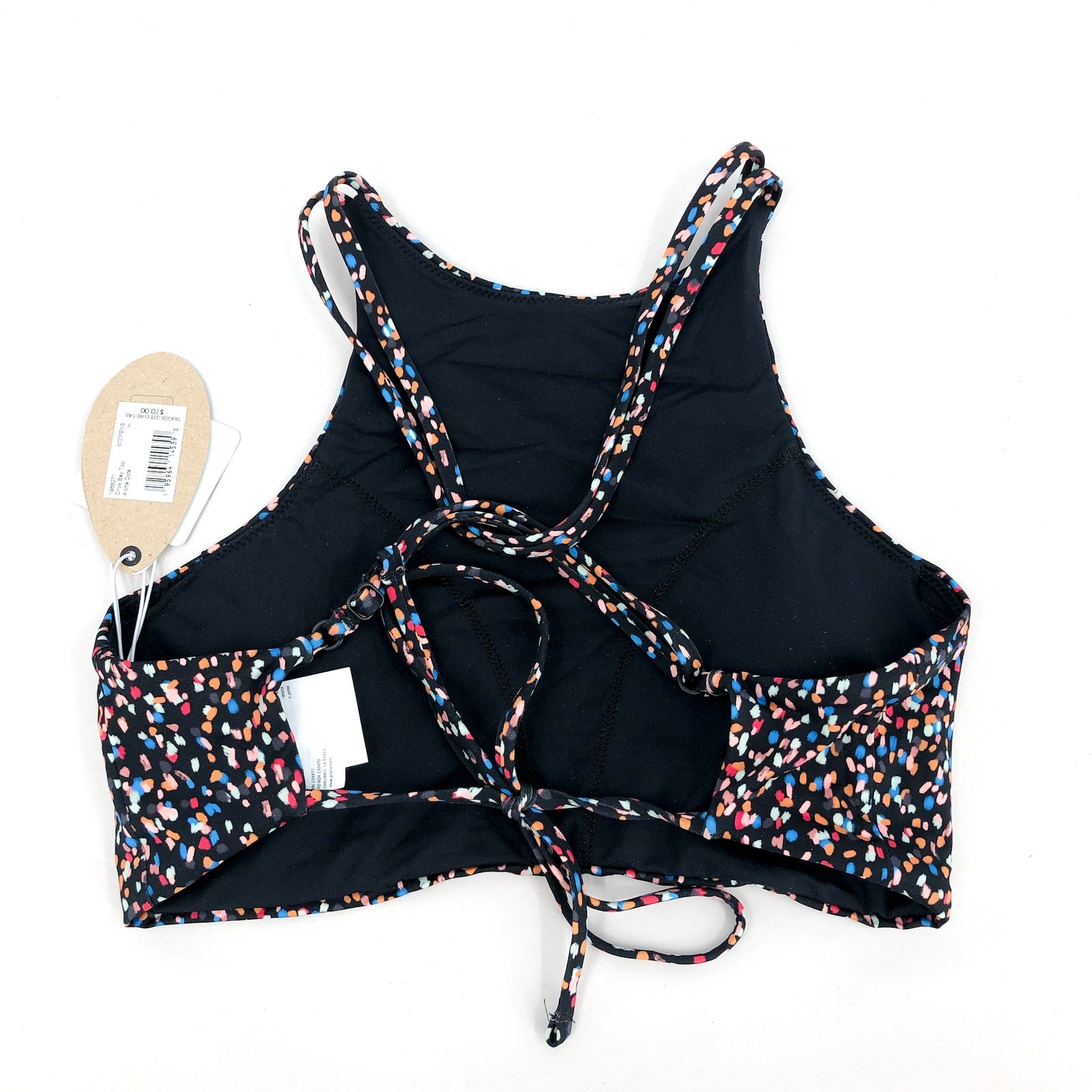 PRANA Women’s Onyx Bay Bikini Top Medium Black Alotta Dots High Neck NWT