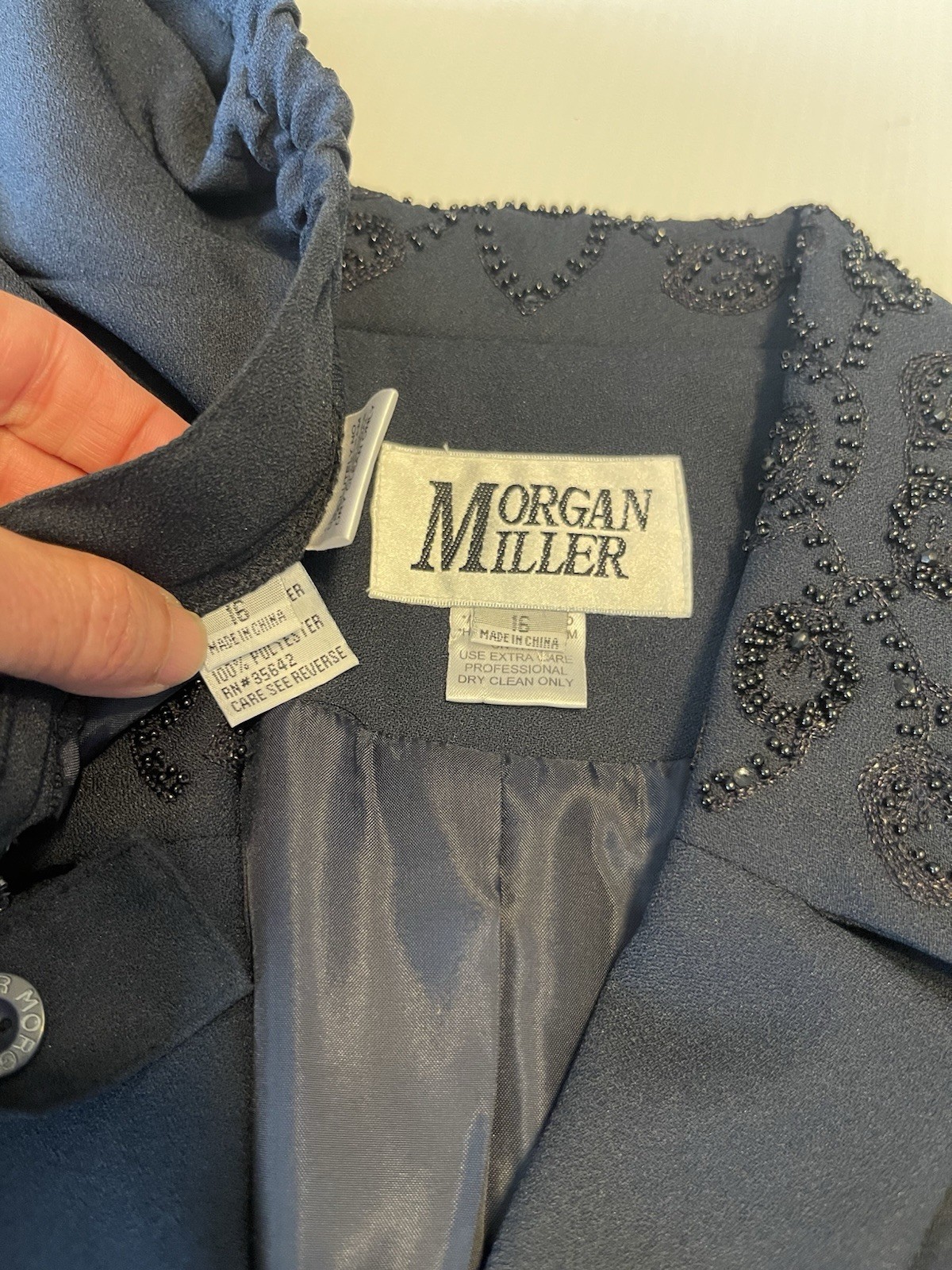 Morgan Miller Navy Blue Black Beaded Detail Skirt Suit Set Special Size 16