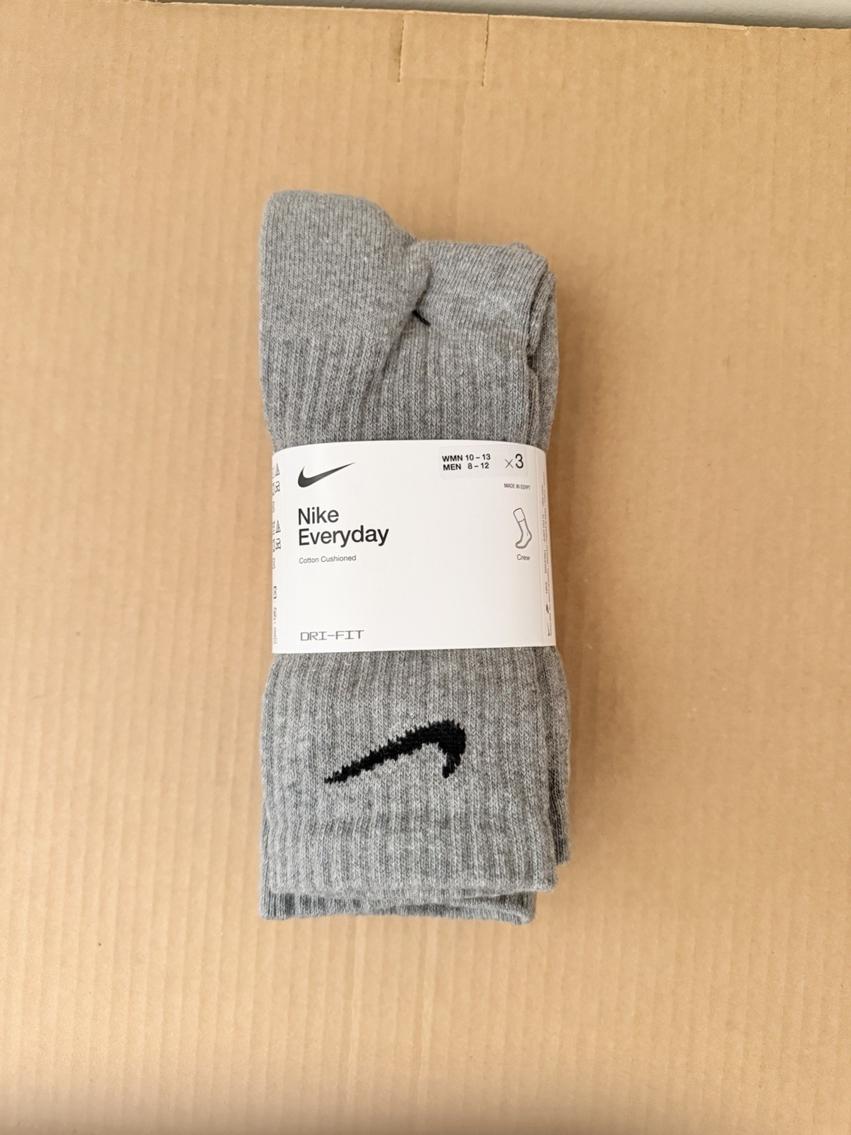Nike Everyday Cotton Cushioned Dri- Fit Crew Socks 3 Pairs Gray Size L (8-12)