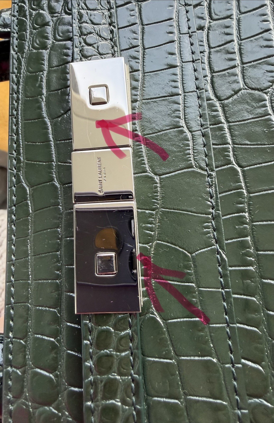 SAINT LAURENT Small Manhattan Green Silver Embossed Leather Bag Shoulder Strap