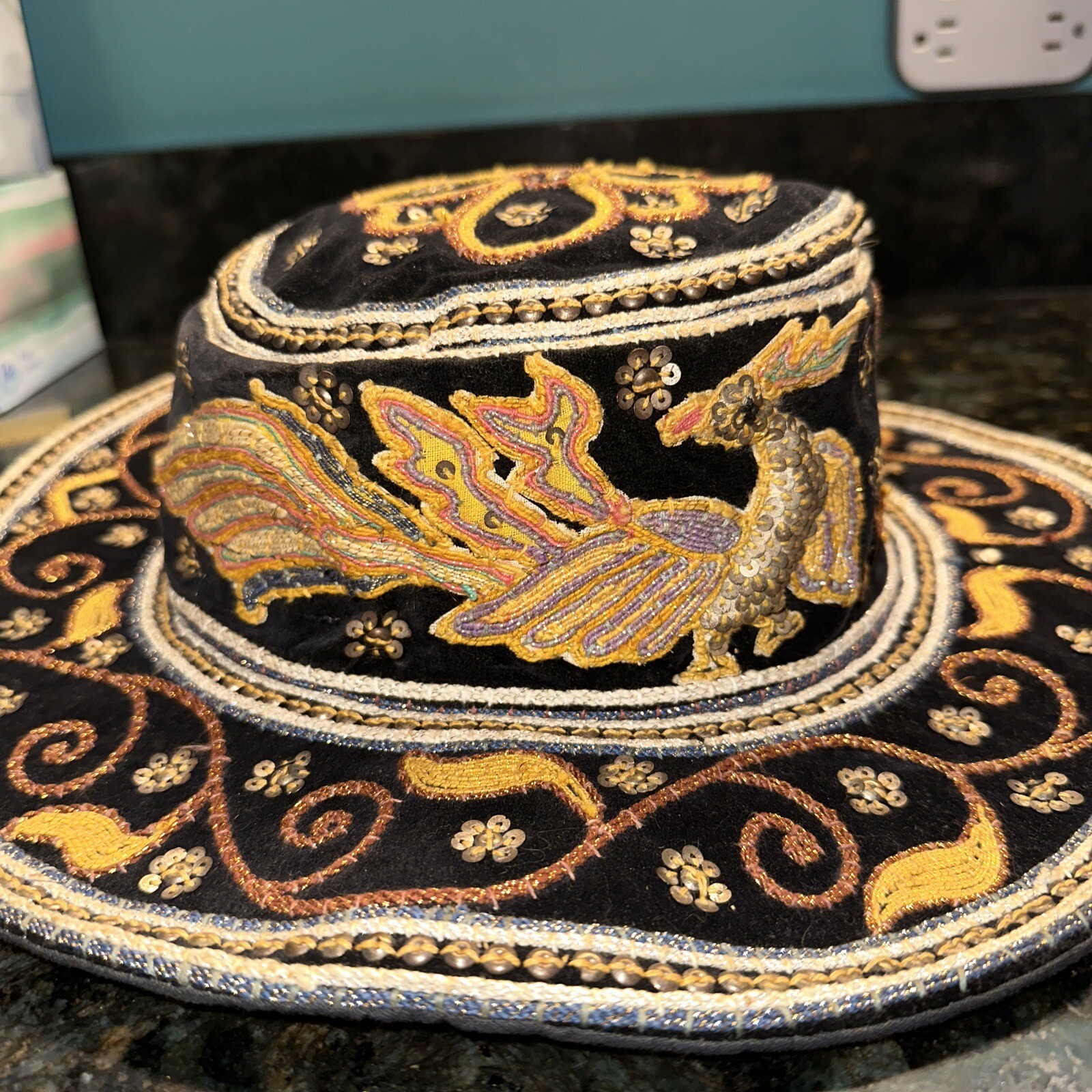 Vintage Myanmar Burmese Burma Kalaga Floppy Boho Hat Phoenix Sequins Embroidery