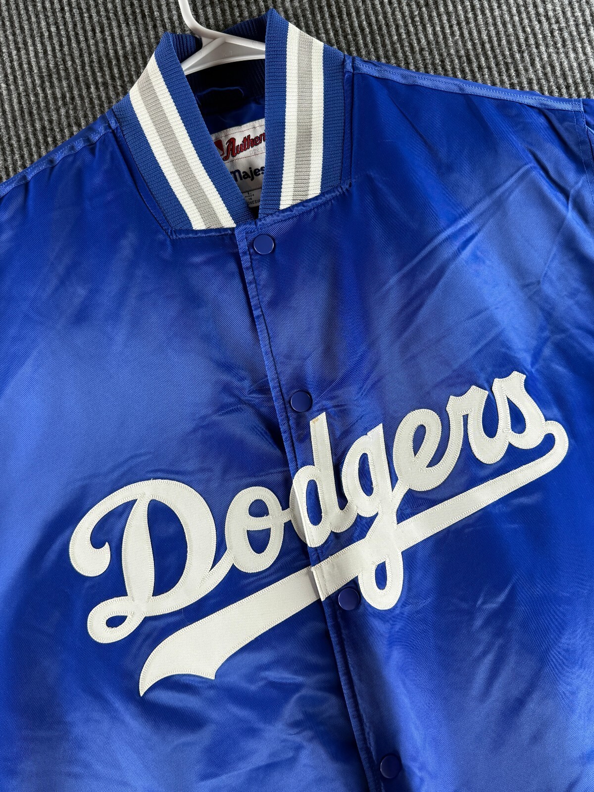 Vintage Authentic MLB Majestic LA Dodgers Blue Satin Bomber Jacket Mens Large