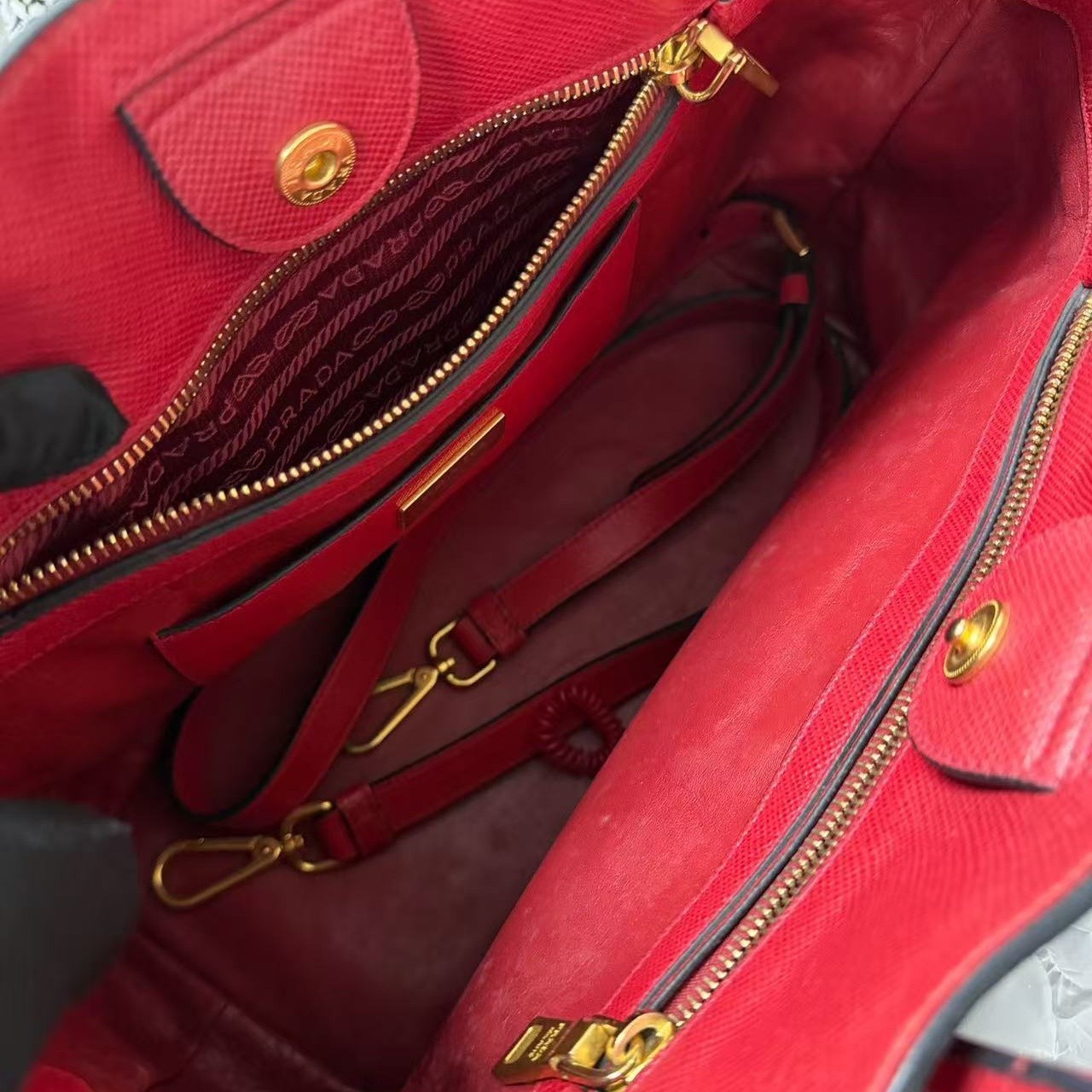 Prada Rosso Red Medium Saffiano Leather Front Pocket Tote Bag