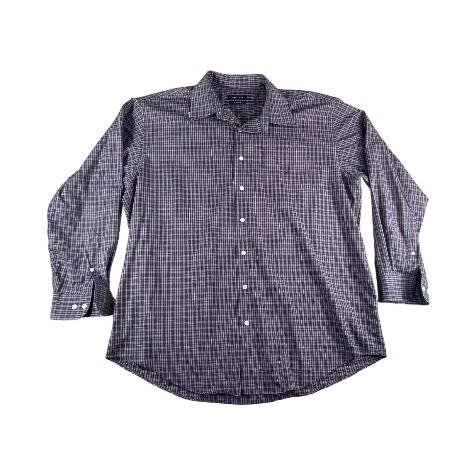 Nautica Shirt Mens 34 / 35 Button Down 17.5 in Blue Purple Plaid Non Iron Cotton