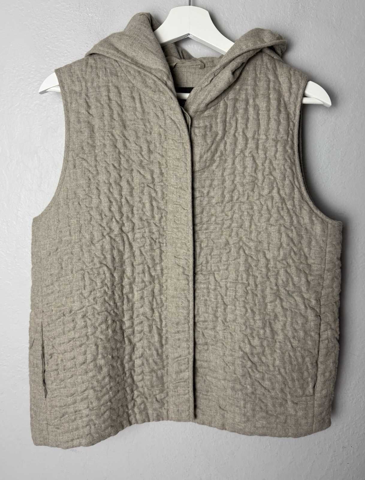 Eileen Fisher Padded Cotton Flannel Hooded Textured Vest Size Petite Medium Tan