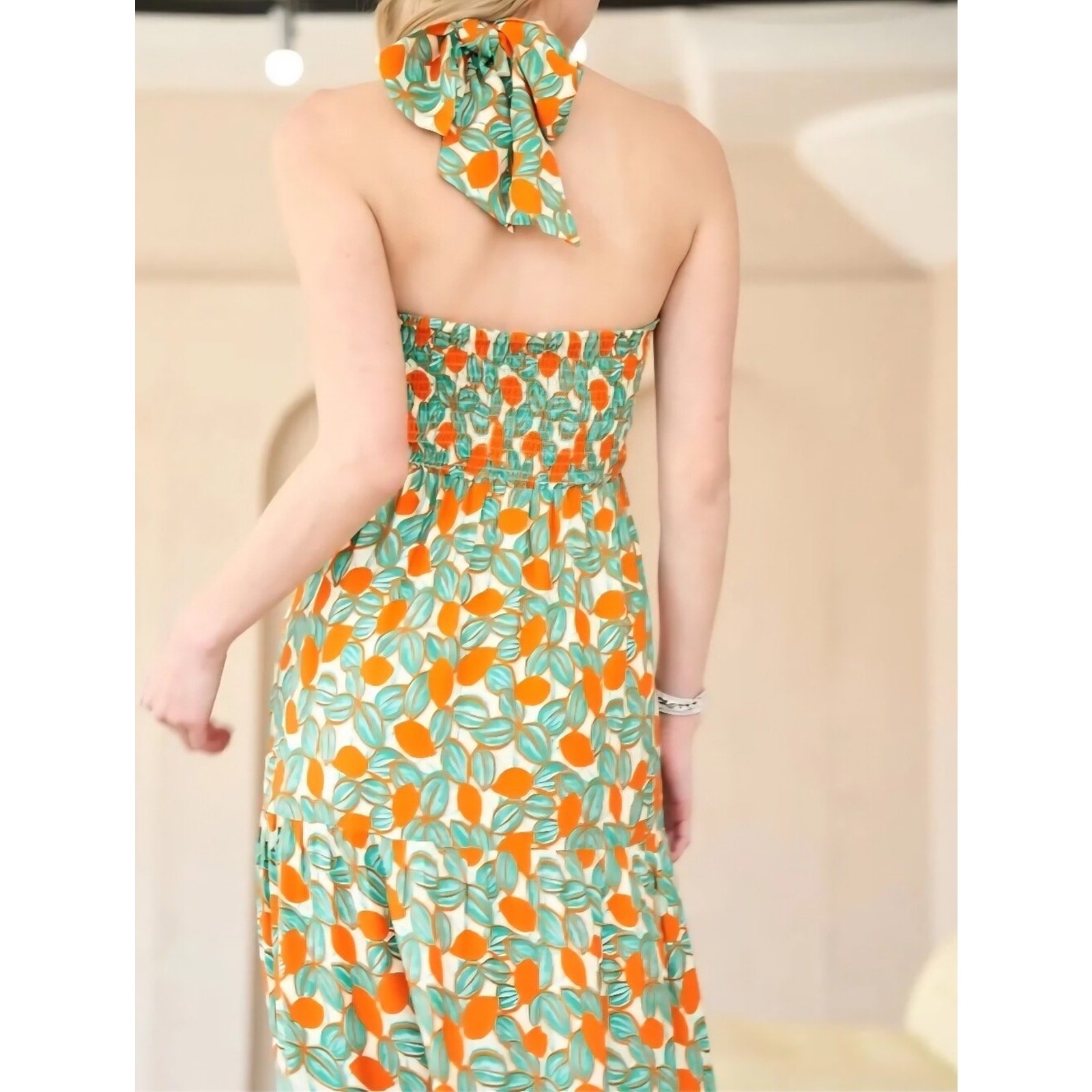 Davi & Dani 2XL Citrus Print Halter Maxi Dress Smocked Top NWT Lined Resort Boho