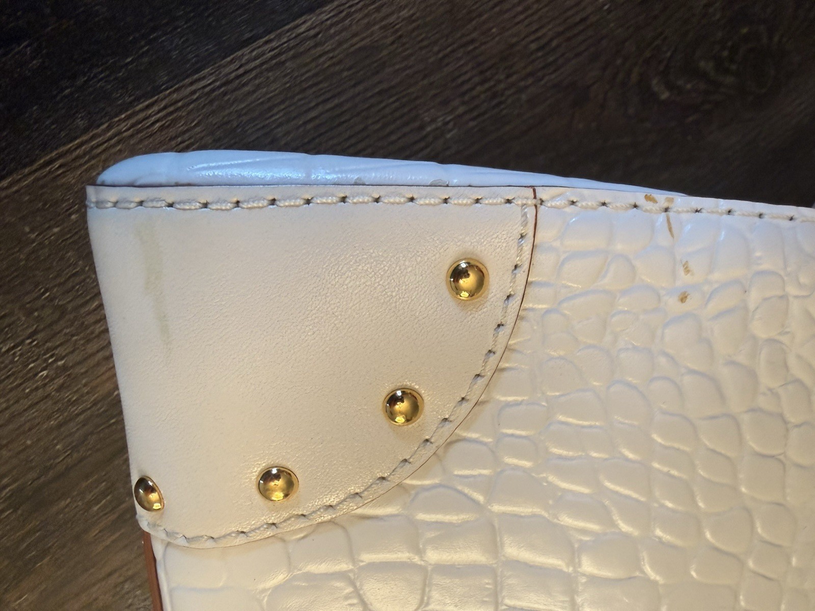 Michael Kors White Croc Embossed Satchel Top Handle Buckle Gold Hardware Pockets