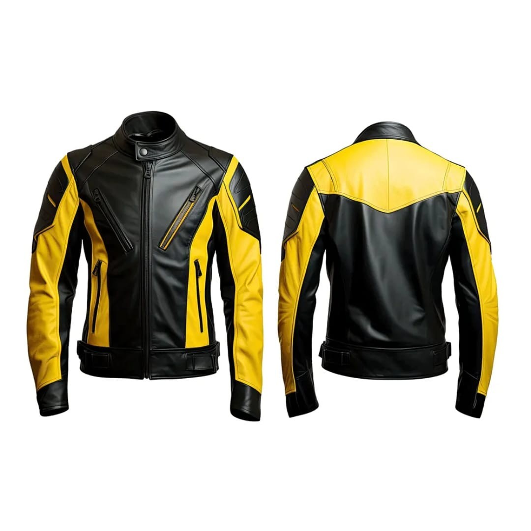 Premium Leather Biker Jacket Black and Yellow Sports Moto Racing Jacket For Men