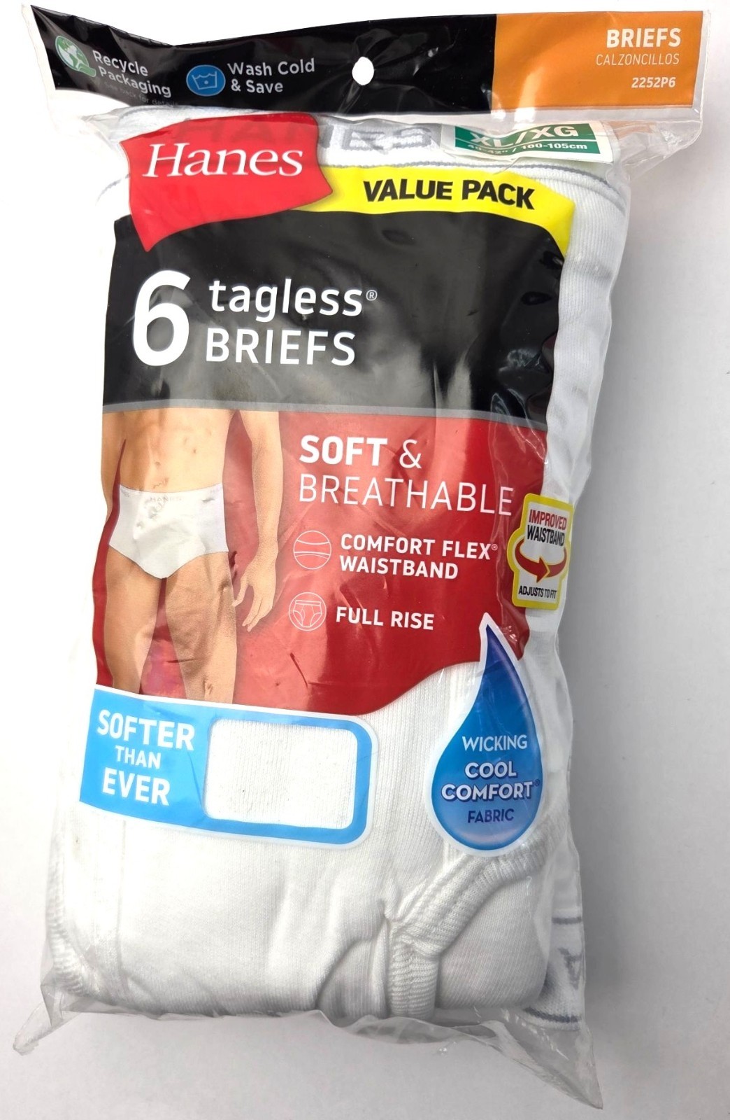 Hanes Mens 6-Pack Tagless Briefs XL/XG (40-42) Full Rise Soft & Breathable