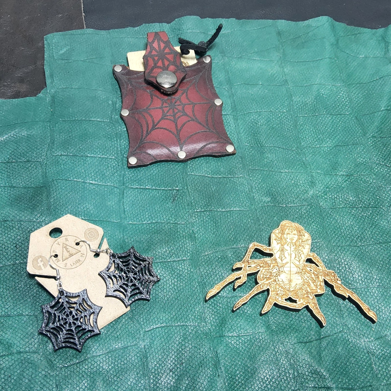 Spider web laser etched cut wallet earrings spider queen magnet set goth horror