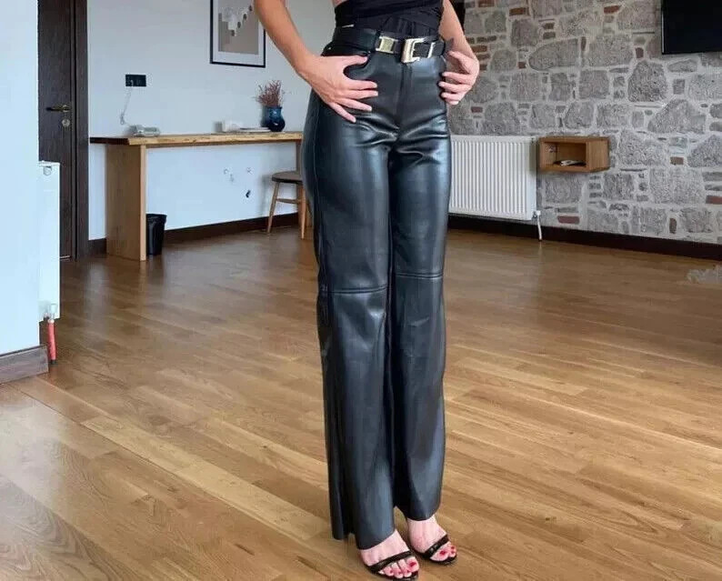 Women’s Genuine Lambskin Leather Pants Straight Leg Soft Real Leather Trousers