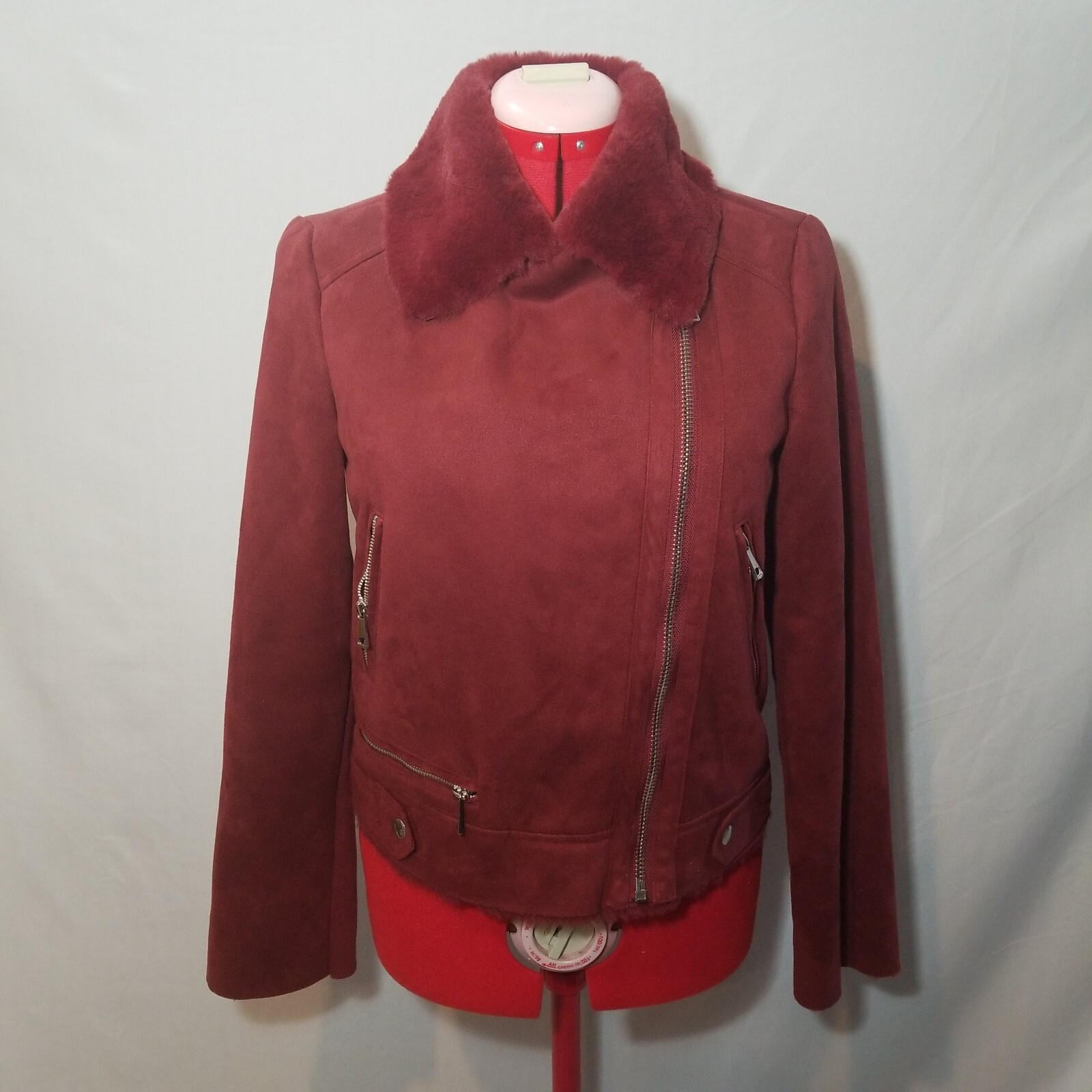 Womens Biker Faux Suede Maroon Red Moto Jacket Furry Lining PLEASE SEE DESCRIPTI
