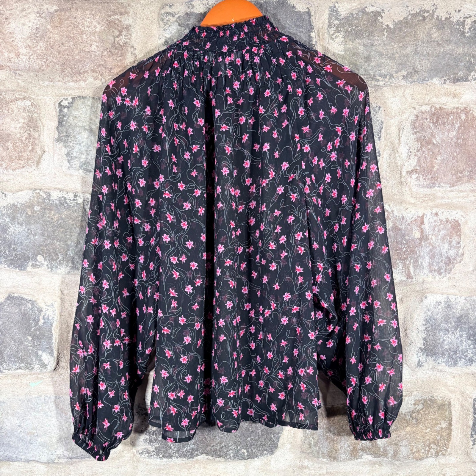 Elizabeth and James Black Pink Floral Smocked Mock Neck Sheer Blouse Large Boho