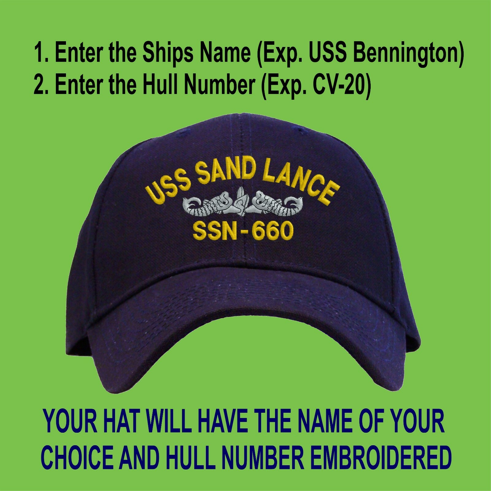 Personalized US Naval Submarine Name of your Choice Embroidered Baseball Cap