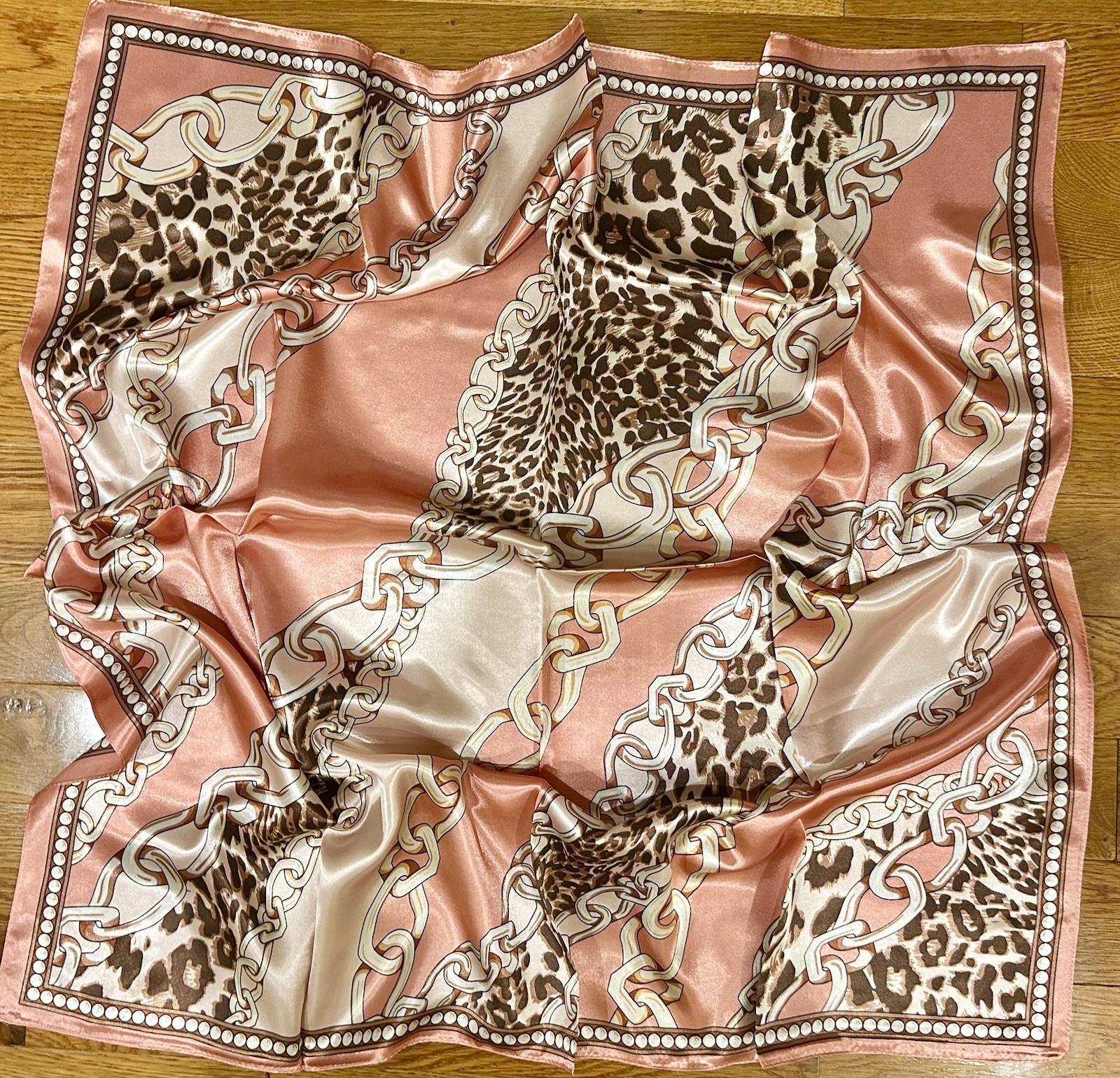 CLASSIC Leopard&chain Print pink SQUAR SILKY SCARF hand rolled edges 35/35
