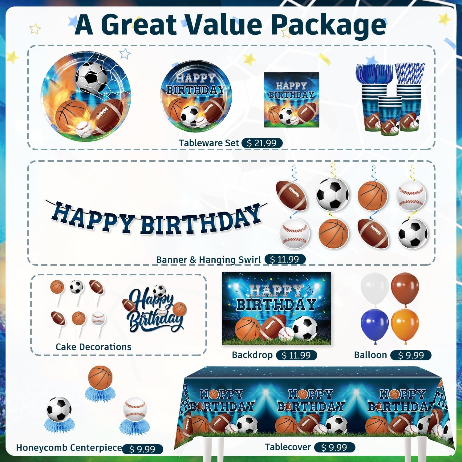 222Pcs Sports Birthday Party Decorations Tableware Set, 25 Serves | Disposabl…