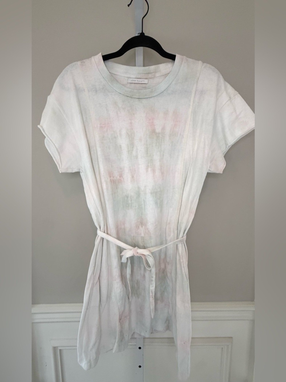 John Elliott Pastel Tie Dye T Shirt Dress Tie Waist Pink White Size S