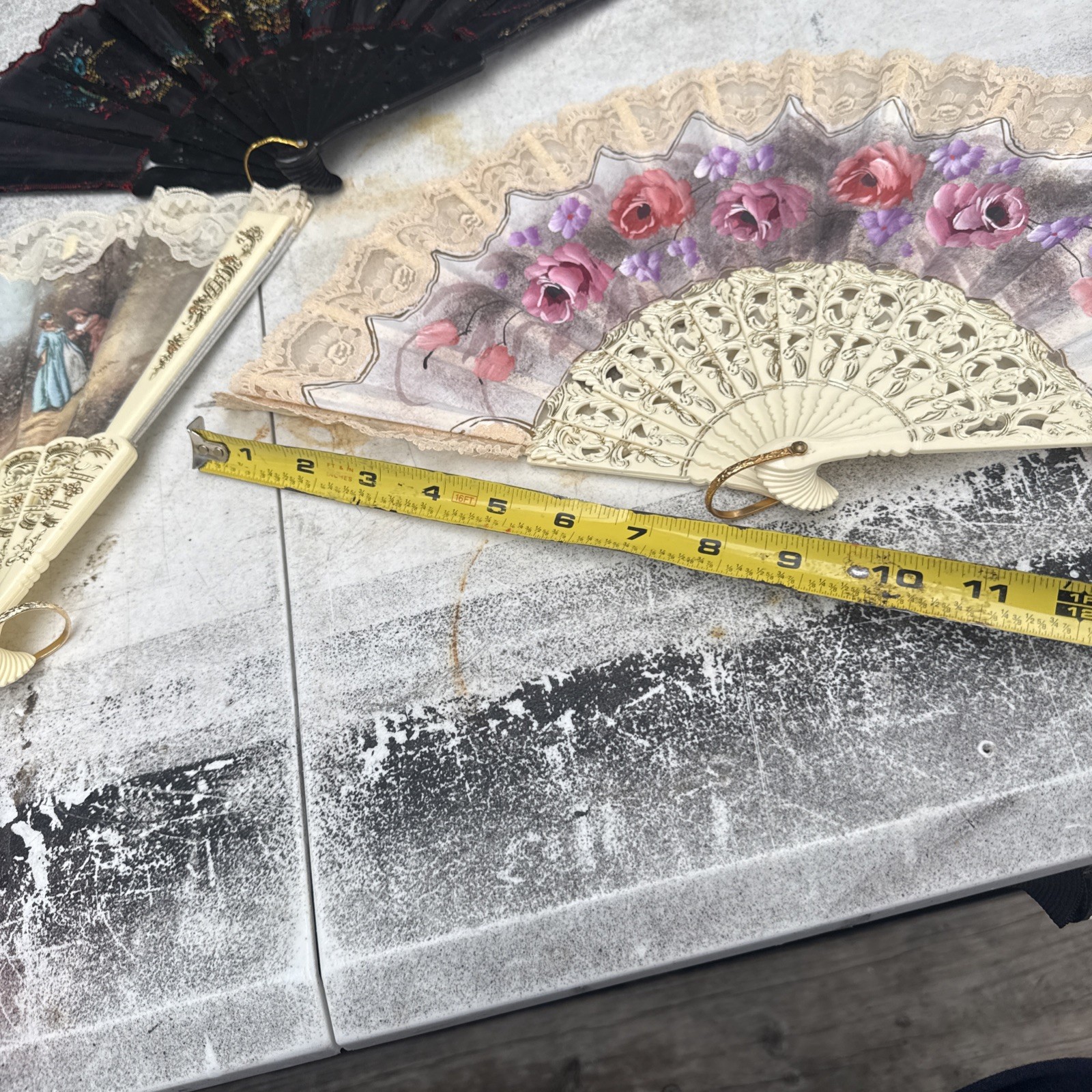 Victorian Style Multicolor Floral Hand Fan Black Lace Trim Fabric Plastic