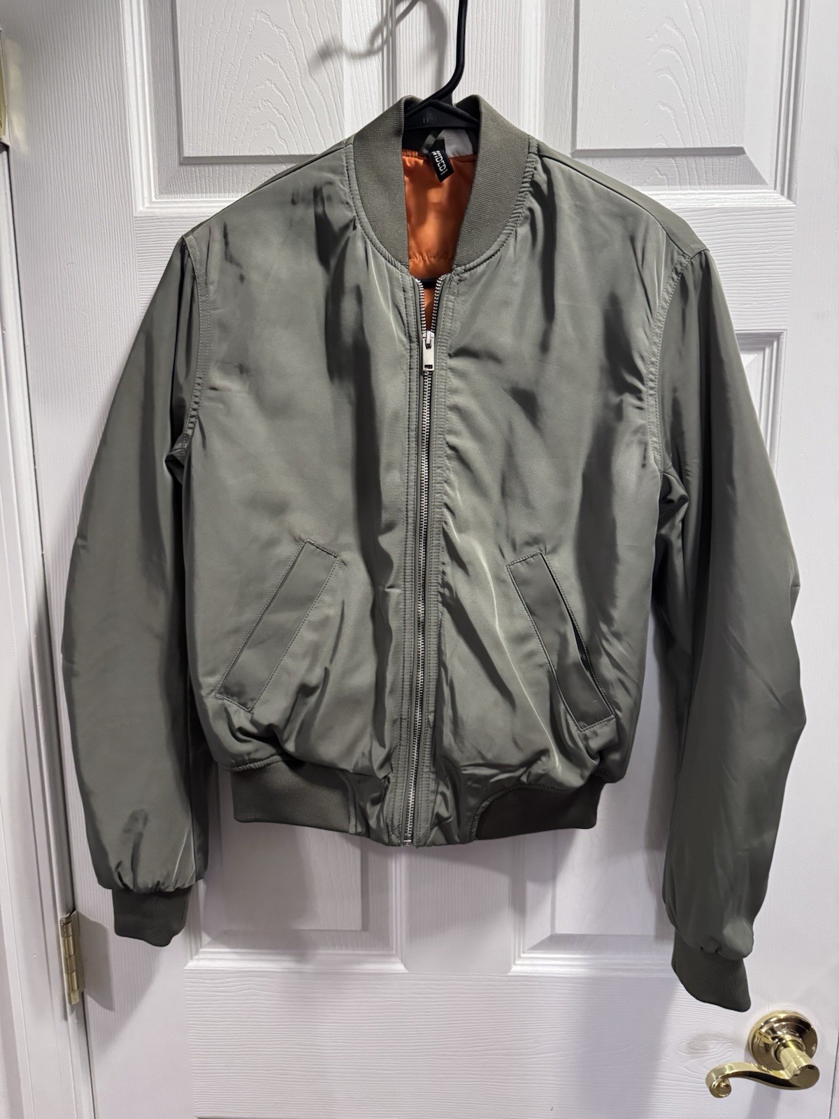 H&M unisex Green Bomber Jacket XS Orange Lined Full Zip Band Collar