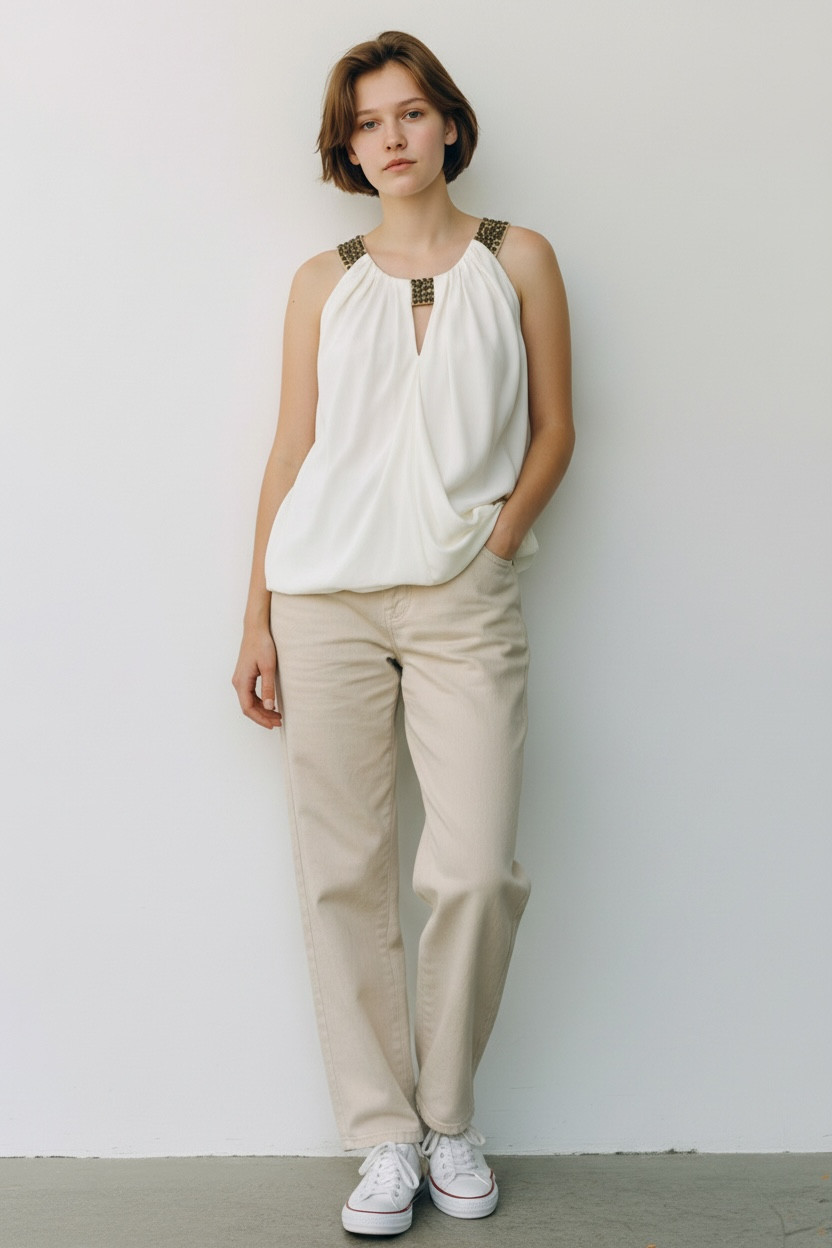 Cache Y2K 100% Silk Solid White Blouse Size L Large Embellished Sleeveless