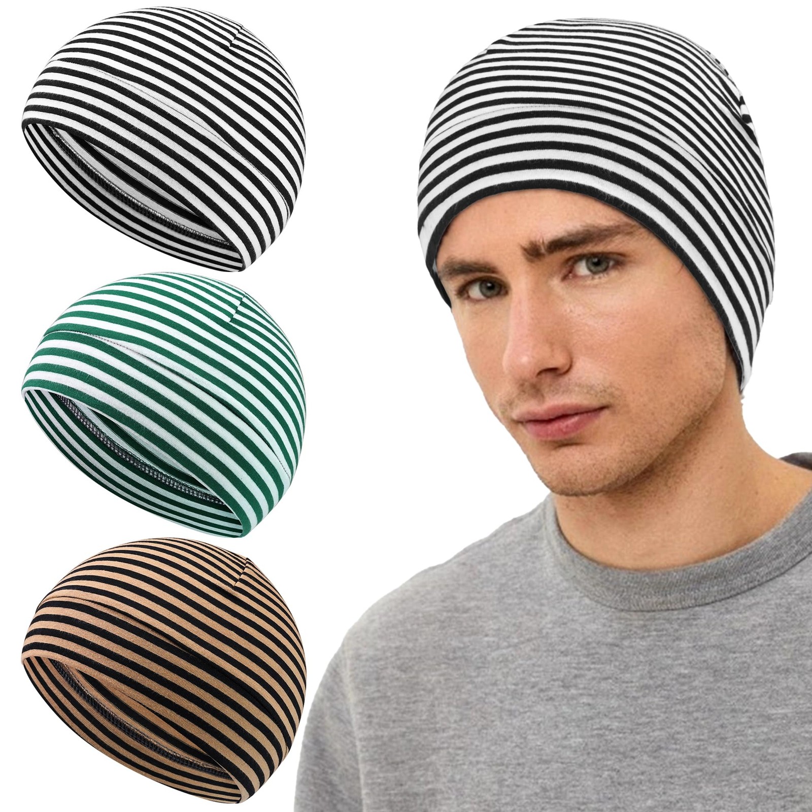 Qearl 3 Pcs Cotton Skull Caps Beanie Sleeping Hats for Men 1, Multicolor
