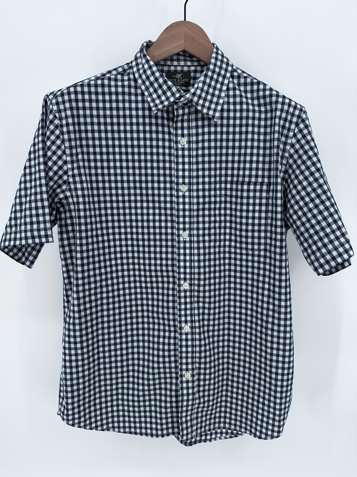 Knox & Lane Men’s M Slim Fit Navy Blue White Check Short Sleeve Shirt Button Up