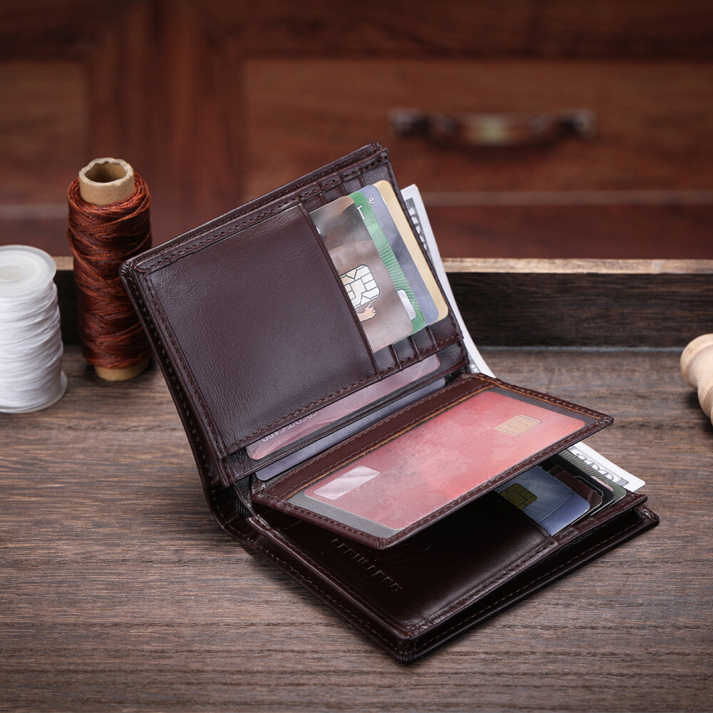 Mens Cowhide Leather Wallet RFID Blocking ID Card Holder Coin Purse Thicken New