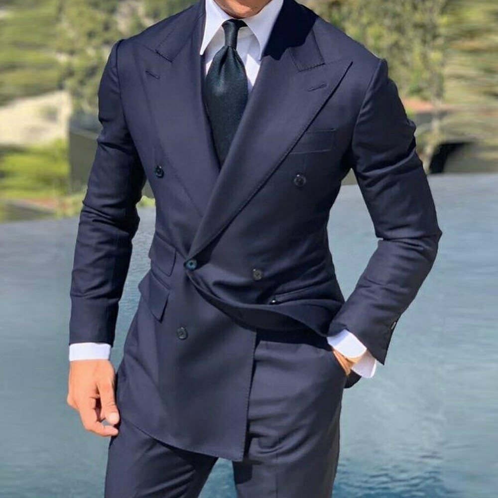 Business Men Suits Peak Lapel Double Breasted Blazer Wedding Groom Tuxedos 2Pcs